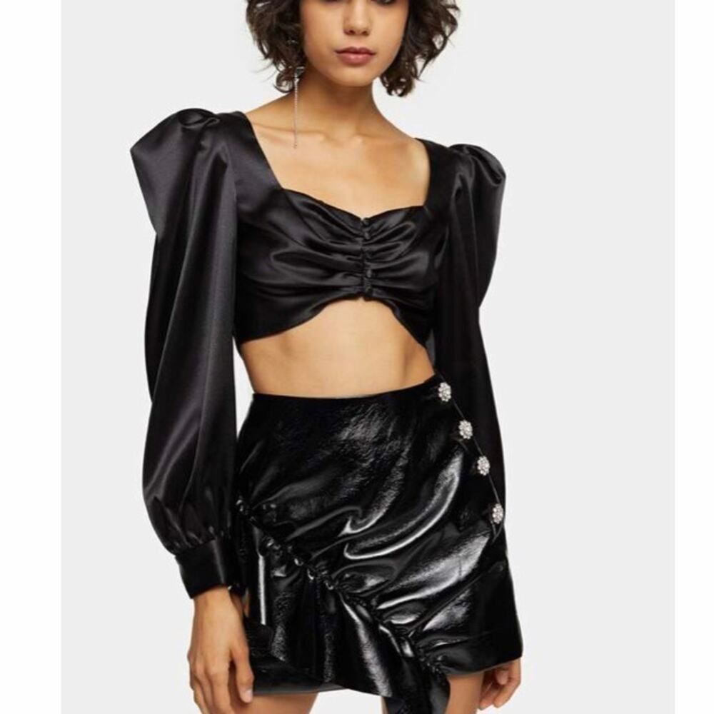 TOPSHOP Faux Leather Ruffle Jewel Mini Skirt Black Size 4